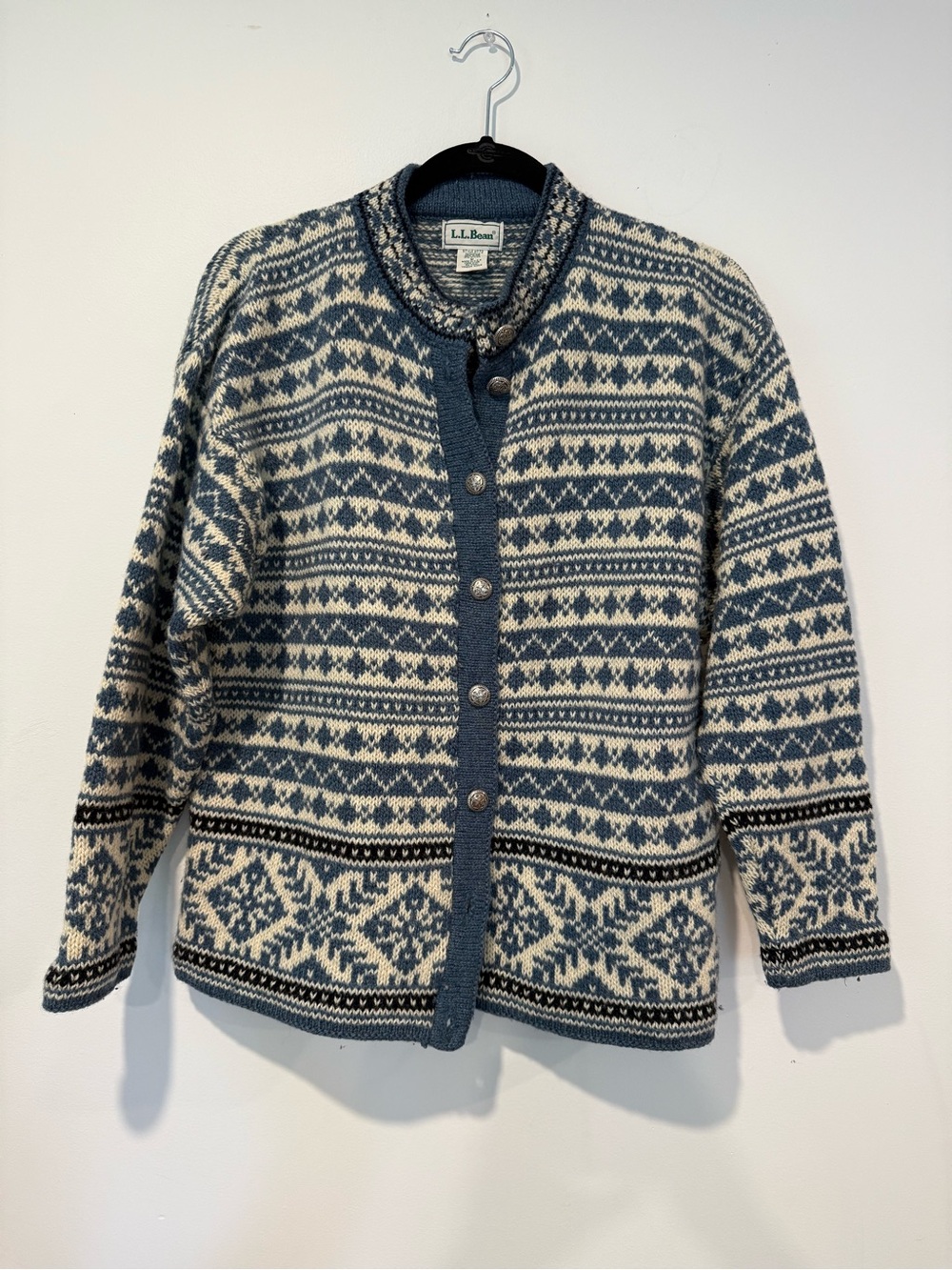 LL Bean Sweater Womens Fair Isle Nordic Cardigan Wool Blend Size Medium Vintage